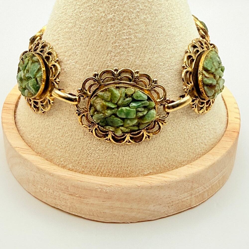 Vtg Oval Jade Chip Cluster Confetti Panel Link Bracelet Gold Tone Filigree 7"